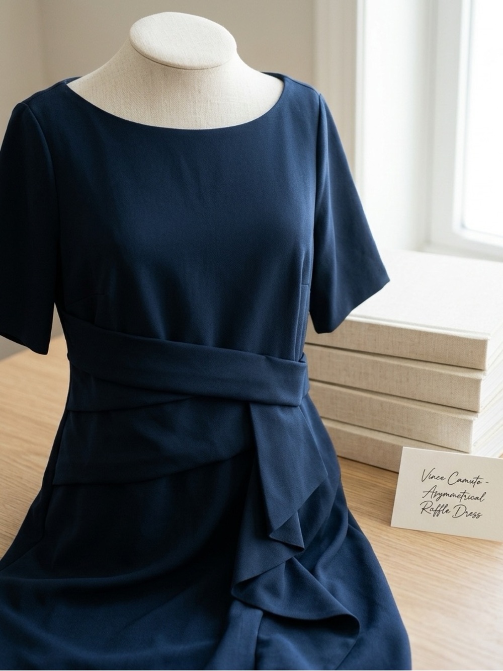 Vince Camuto Navy Asymmetrical Ruffle Midi Dress